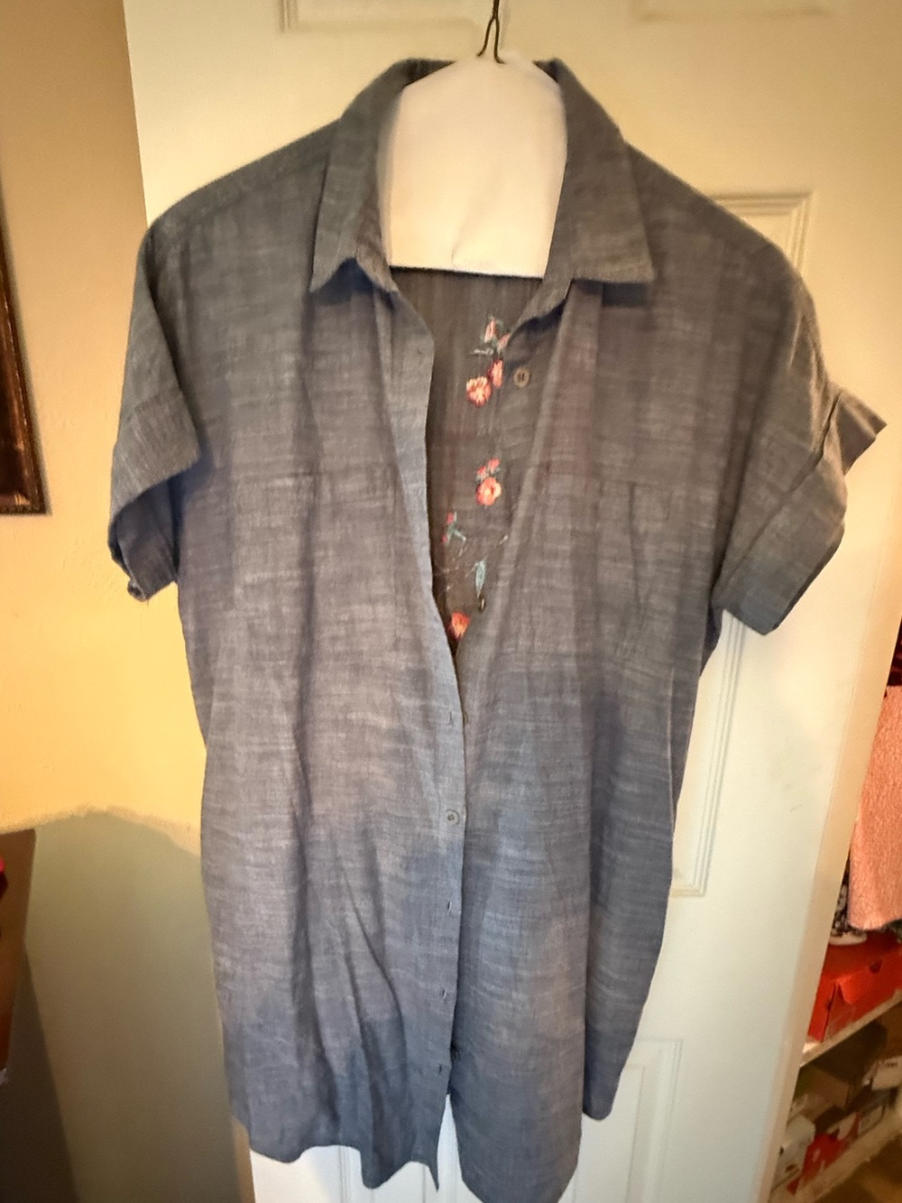 Kayla Seo Vintage Short-Sleeve Button-Up Shirt/dress  in Heather Blue